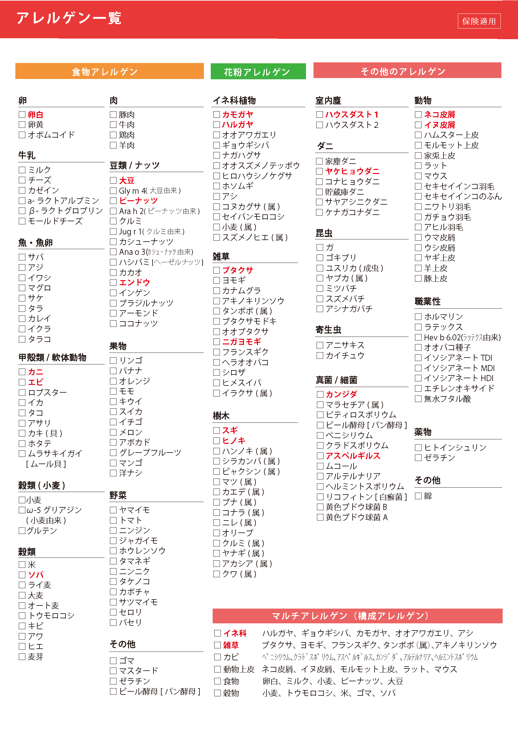 アレルギーの検査項目